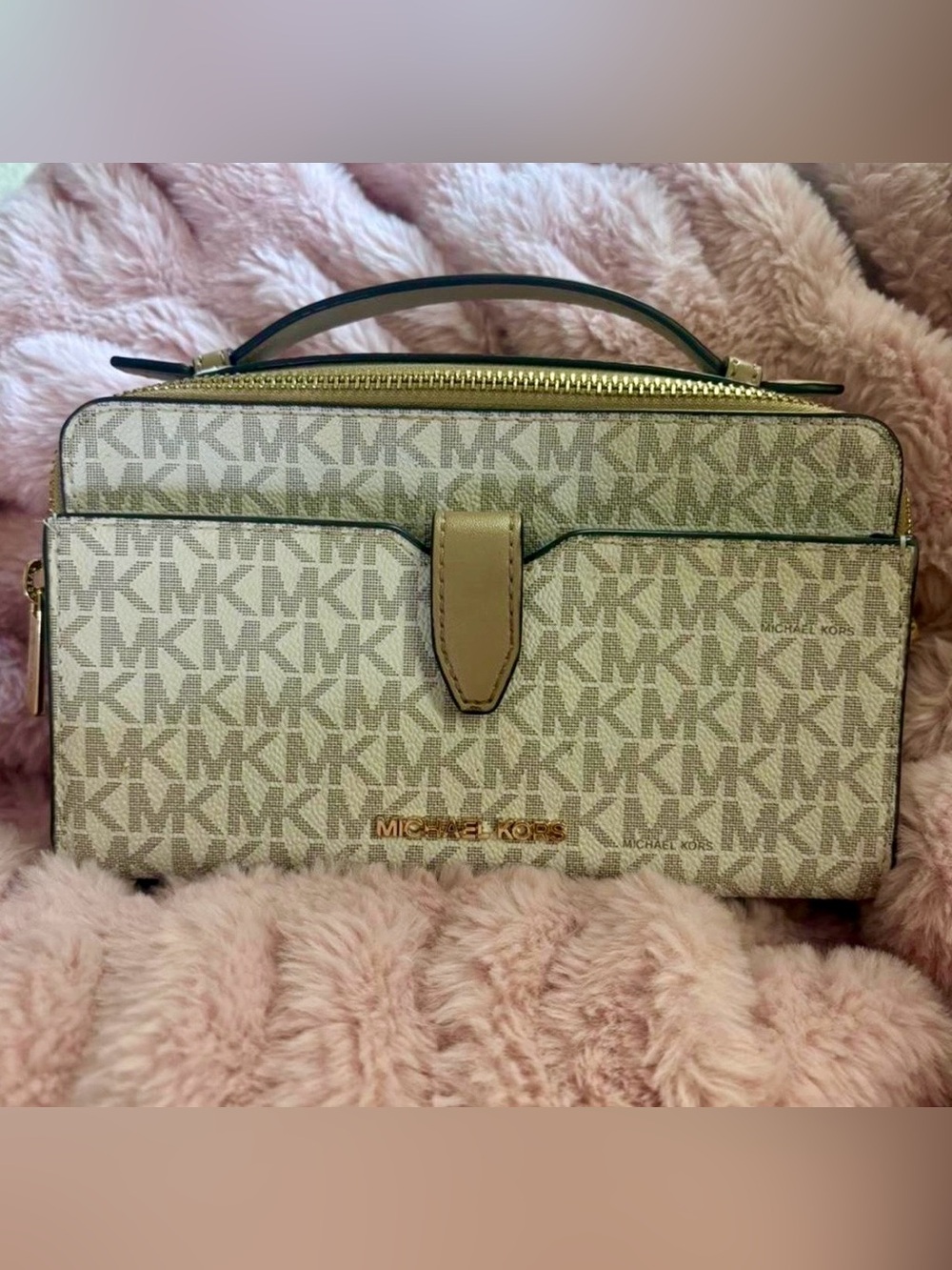 Michael Kors Women’s Medium Double Zip Phone Crossbody Beige Logo Print Leather